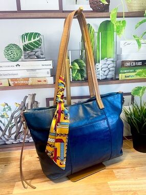 Vintage HOBO Leather Tote Shoulder Bag in Deep Teal Blue with Tan Straps